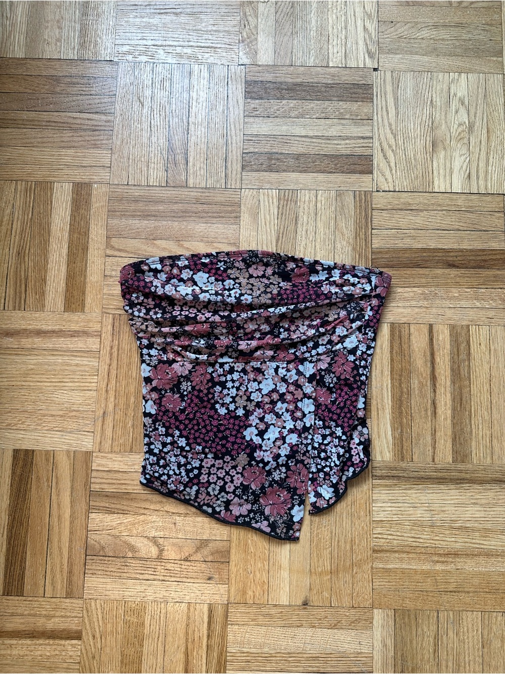Floral Strapless Crop Top in Black and Mauve